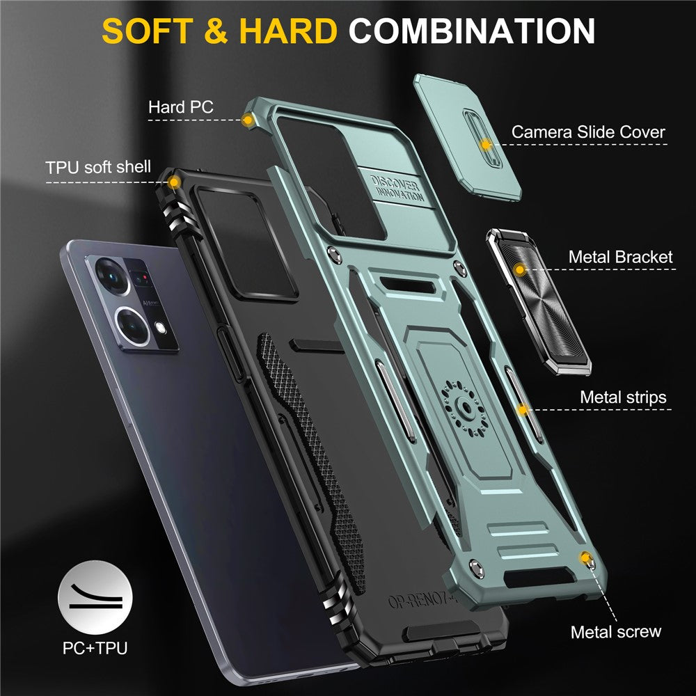 For Oppo Reno7 4G Armor Series Drop-proof PC+TPU Cover Kickstand Phone Case with Slide Lens Lid