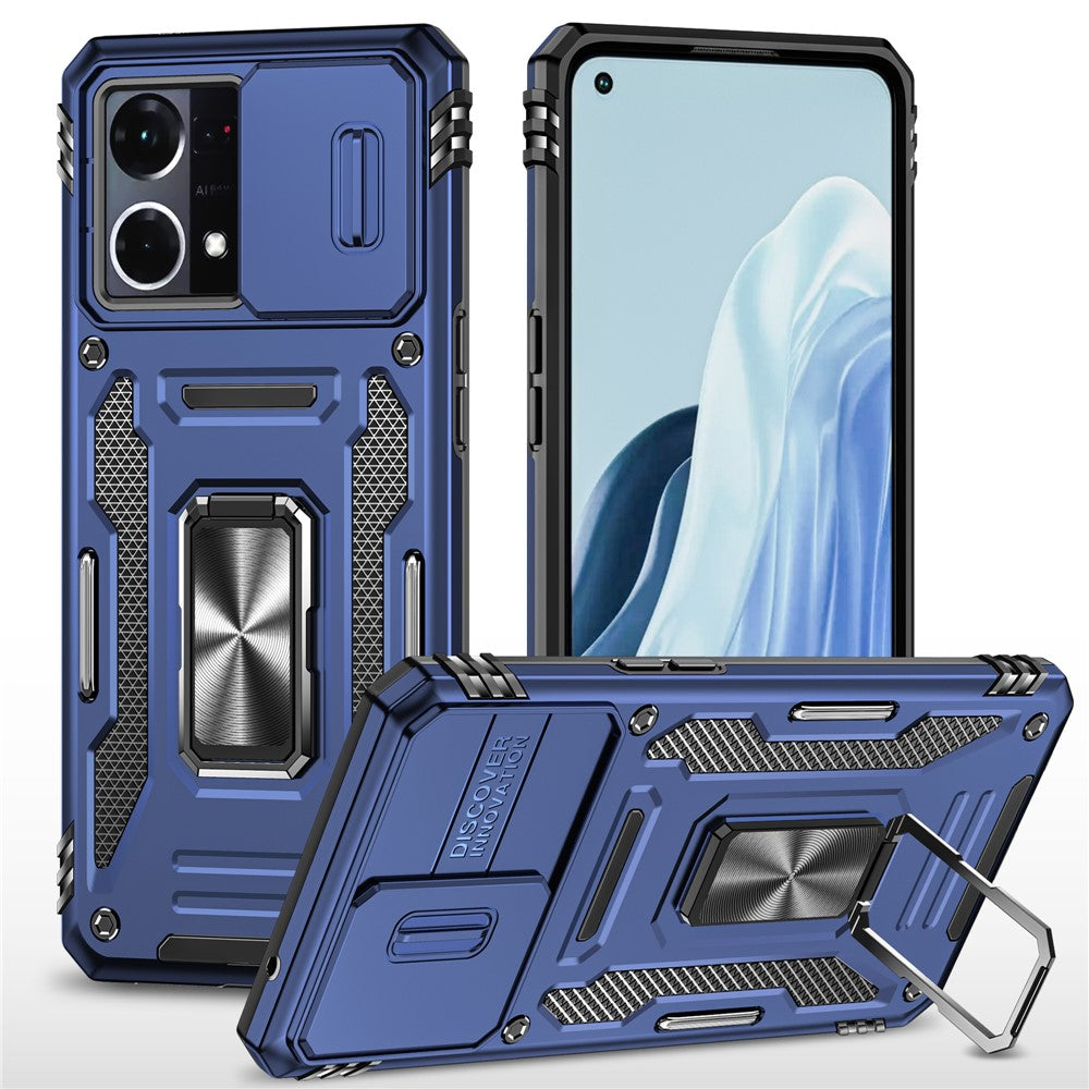 For Oppo Reno7 4G Armor Series Drop-proof PC+TPU Cover Kickstand Phone Case with Slide Lens Lid