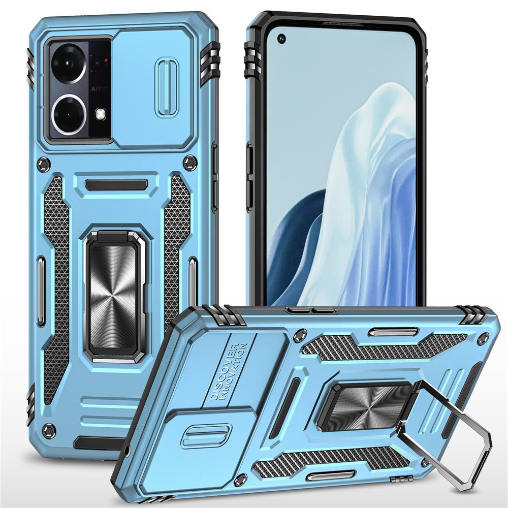 For Oppo Reno7 4G Armor Series Drop-proof PC+TPU Cover Kickstand Phone Case with Slide Lens Lid