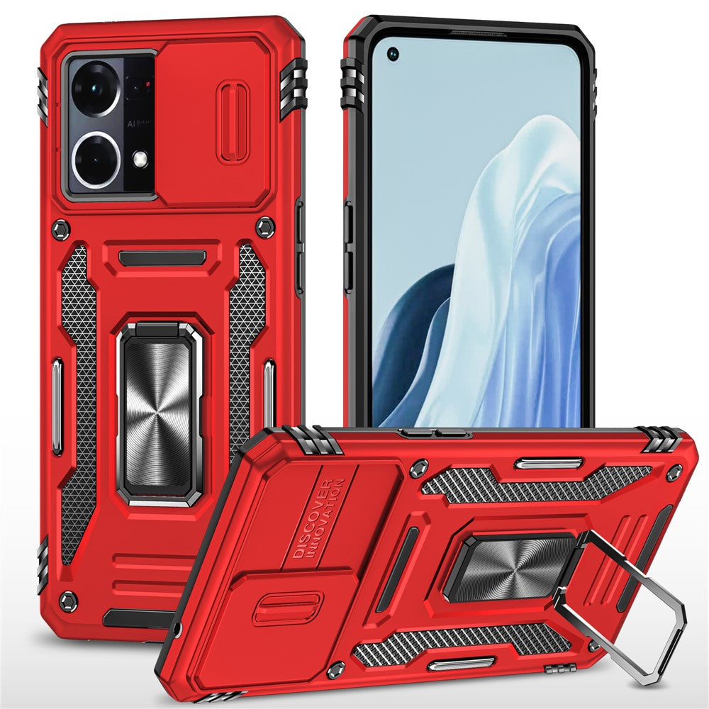 For Oppo Reno7 4G Armor Series Drop-proof PC+TPU Cover Kickstand Phone Case with Slide Lens Lid