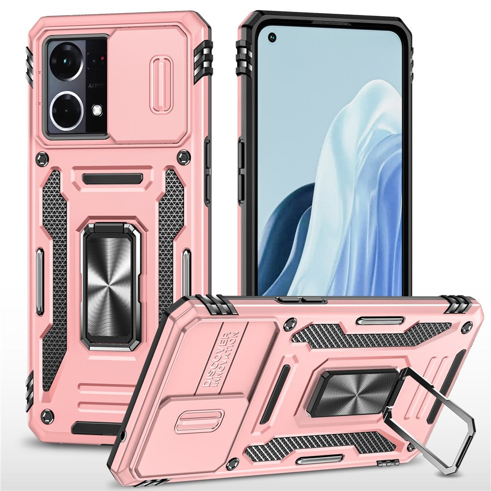 For Oppo Reno7 4G Armor Series Drop-proof PC+TPU Cover Kickstand Phone Case with Slide Lens Lid