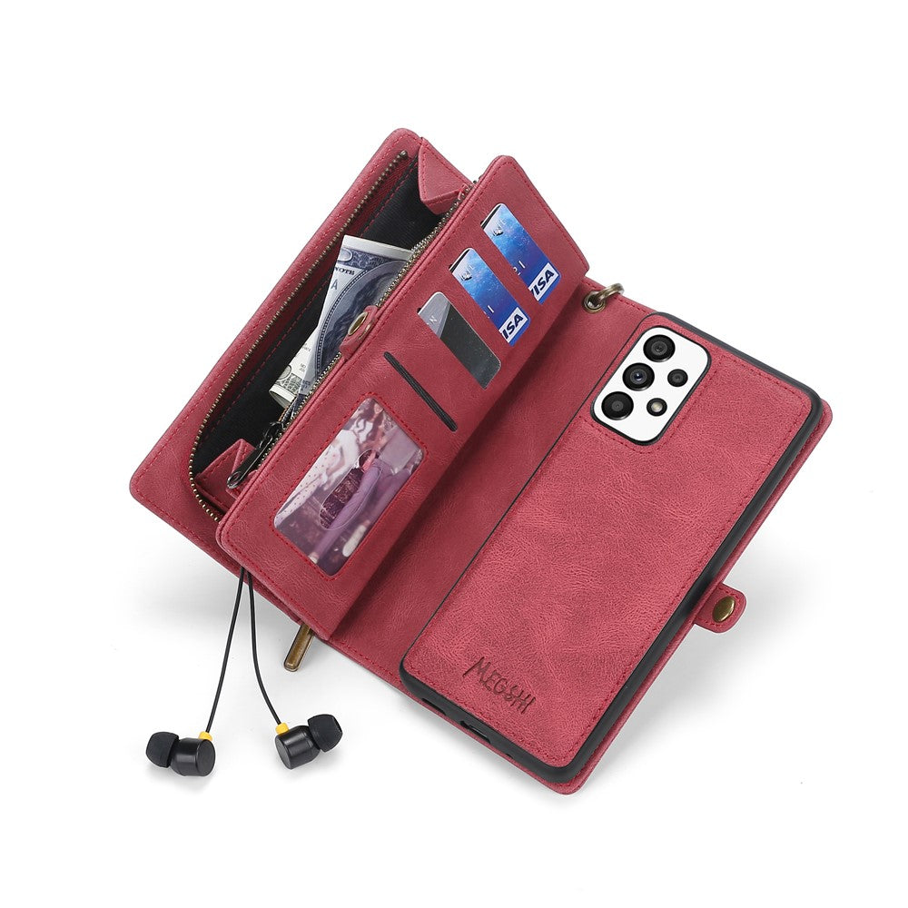 MEGSHI 017-serien til Samsung Galaxy A23 5G (global version) / A23 4G, aftageligt magnetisk etui med lynlås, tegnebog i PU-læder