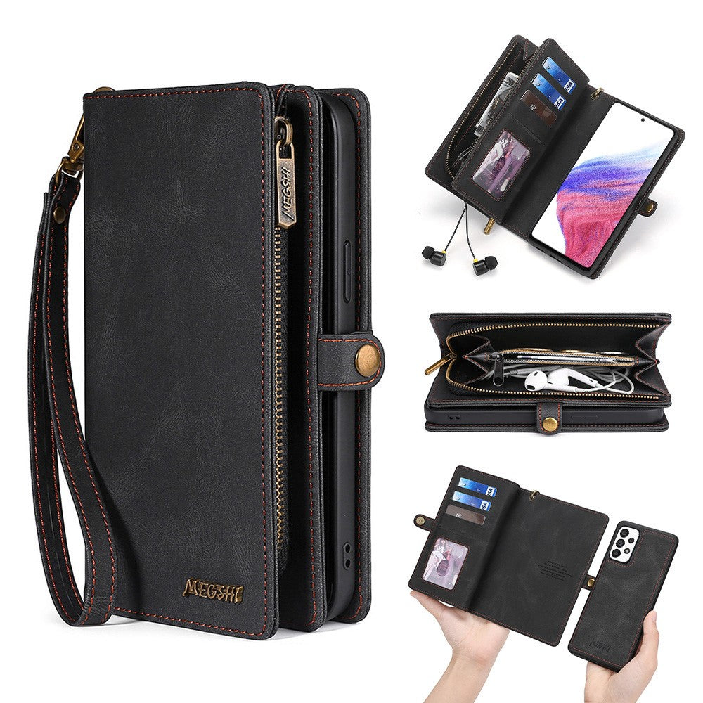 MEGSHI 017-serien til Samsung Galaxy A23 5G (global version) / A23 4G, aftageligt magnetisk etui med lynlås, tegnebog i PU-læder