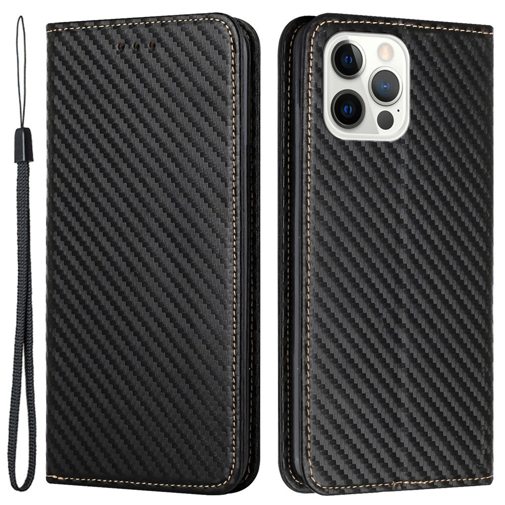 For iPhone 15 Pro Max Carbon Fiber Texture PU Leather+TPU Wallet Case Foldable Stand Phone Cover