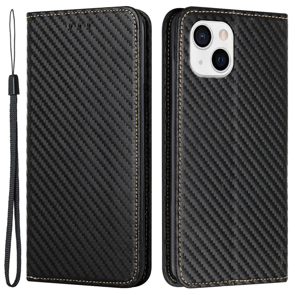 Til iPhone 15 Carbon Fiber Texture PU-læder+TPU Pungcover Med Stativ