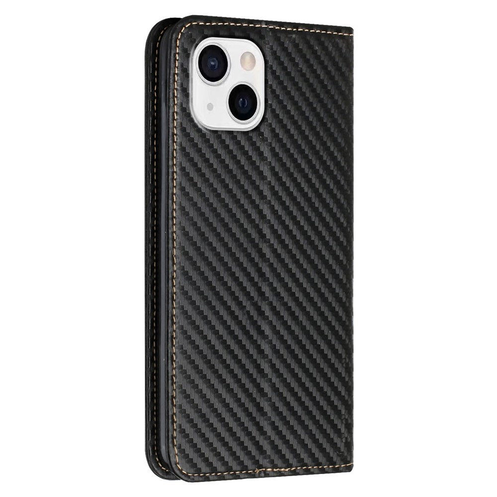 Til iPhone 15 Carbon Fiber Texture PU-læder+TPU Pungcover Med Stativ