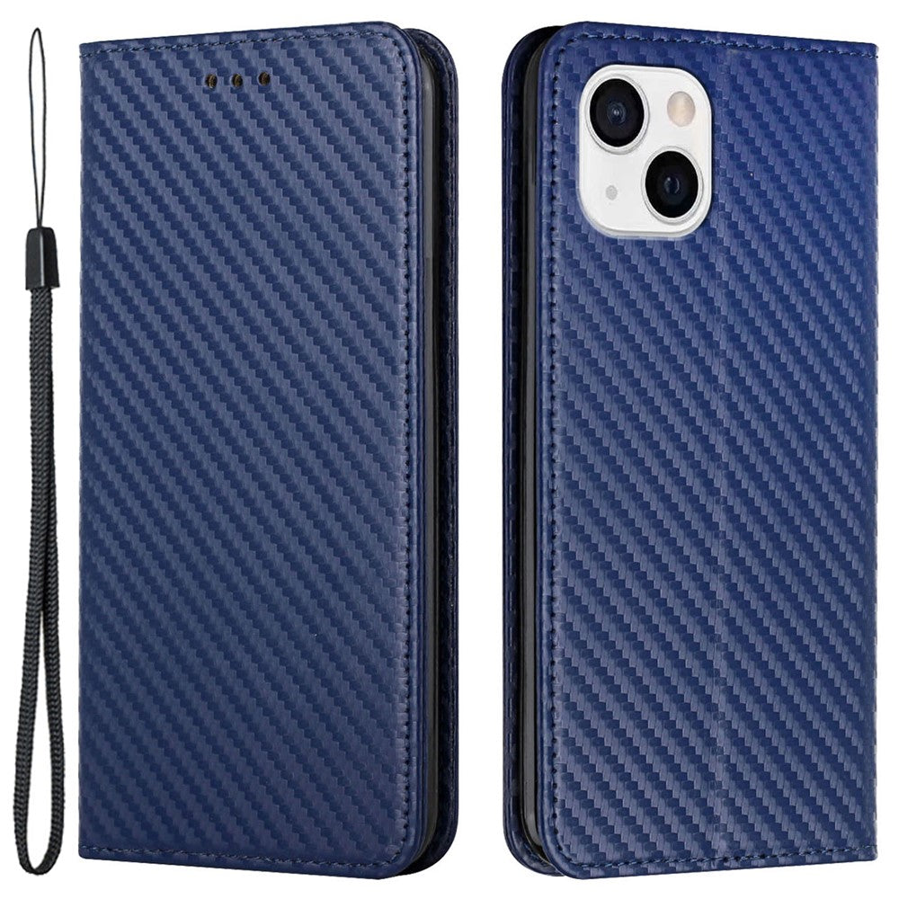 Til iPhone 15 Carbon Fiber Texture PU-læder+TPU Pungcover Med Stativ