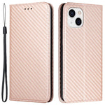 Til iPhone 15 Carbon Fiber Texture PU-læder+TPU Pungcover Med Stativ