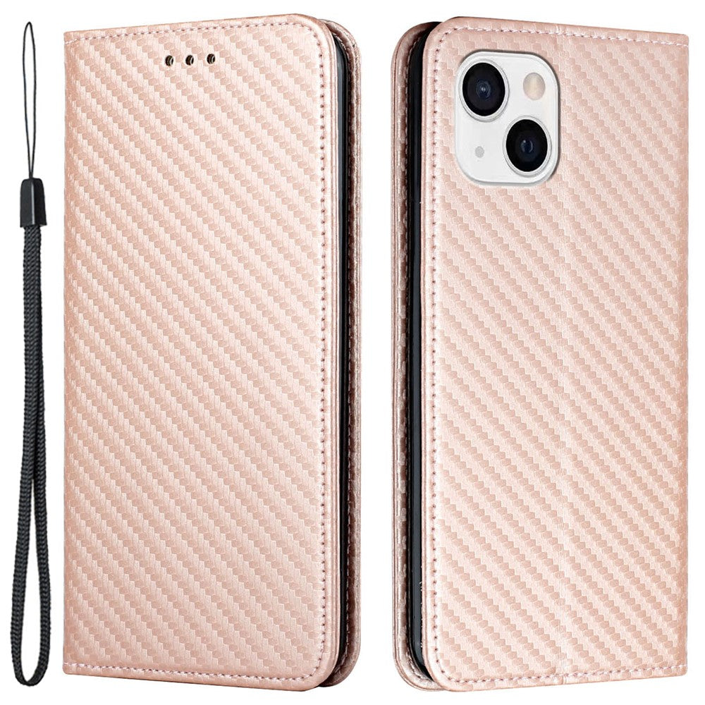 Til iPhone 15 Carbon Fiber Texture PU-læder+TPU Pungcover Med Stativ