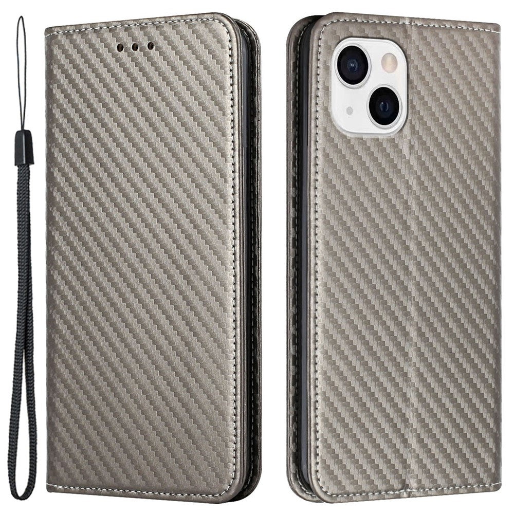 Til iPhone 15 Carbon Fiber Texture PU-læder+TPU Pungcover Med Stativ