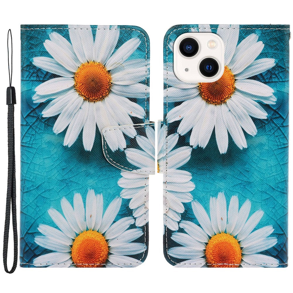 For iPhone 15 Pattern Printing Wallet Case PU Leather Cross Texture Stand Phone Cover with Strap