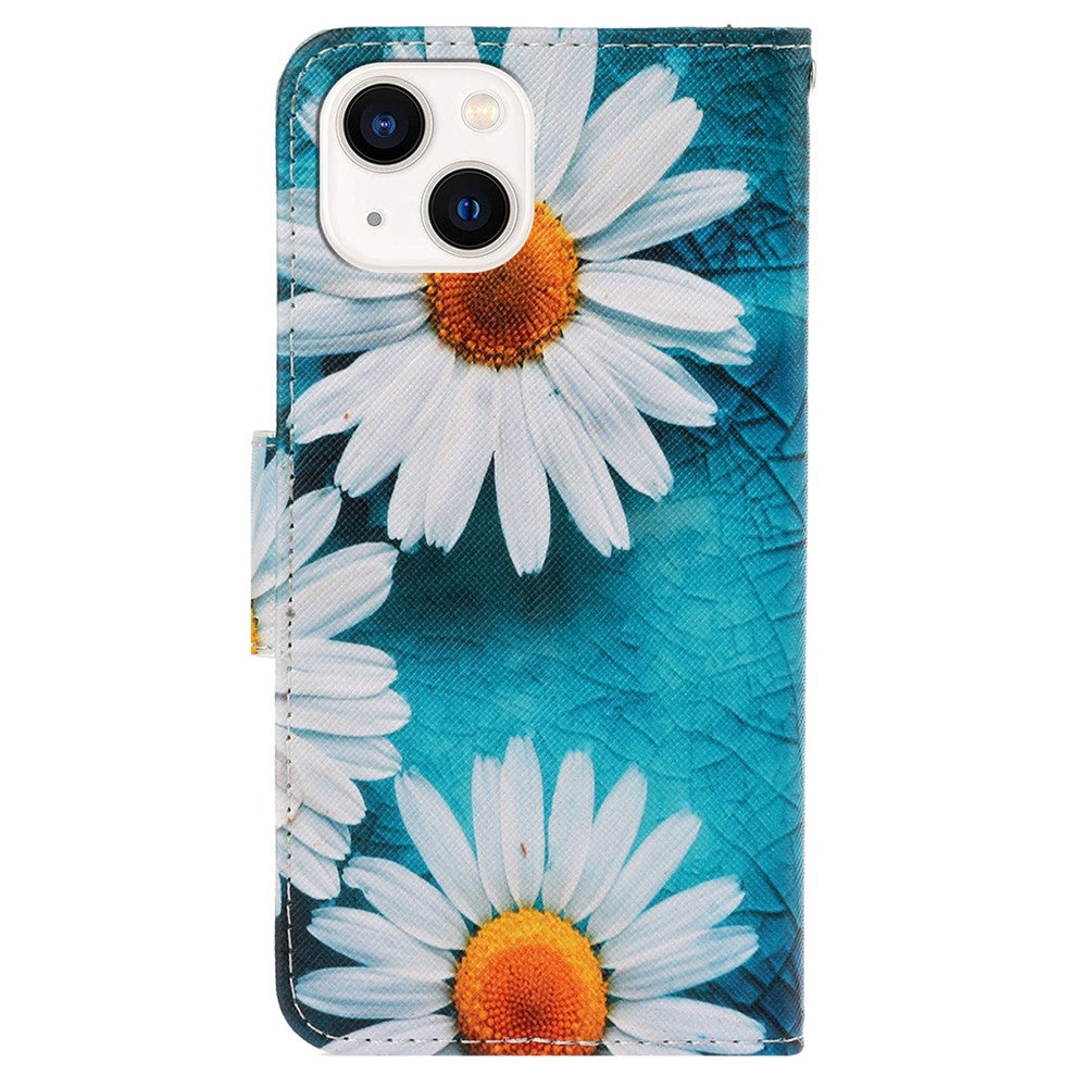 For iPhone 15 Pattern Printing Wallet Case PU Leather Cross Texture Stand Phone Cover with Strap