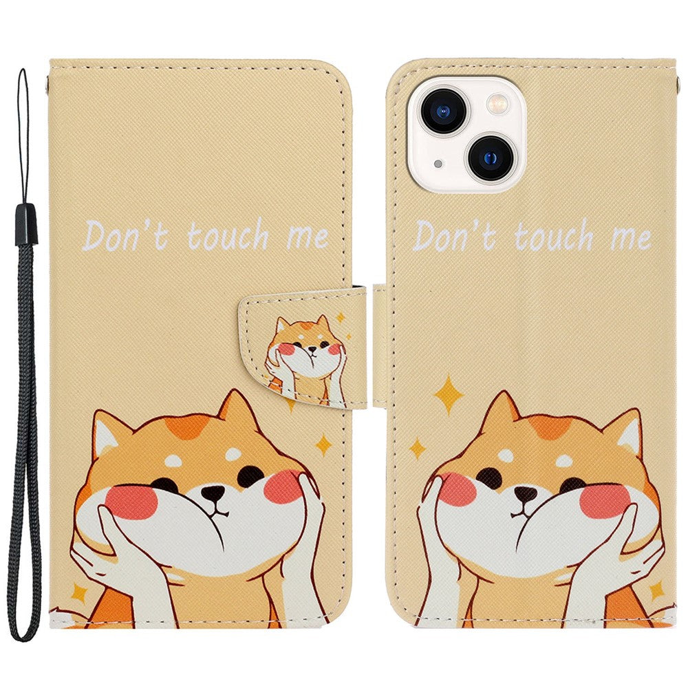 For iPhone 15 Pattern Printing Wallet Case PU Leather Cross Texture Stand Phone Cover with Strap