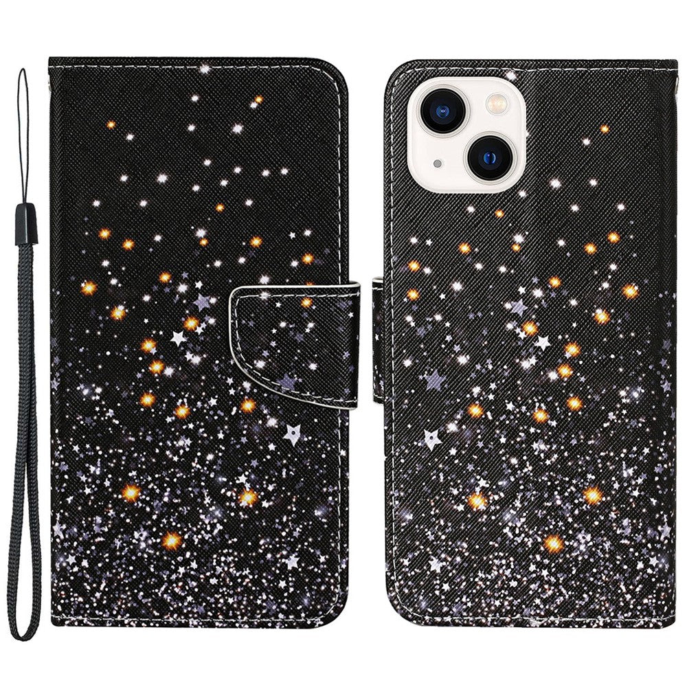 For iPhone 15 Pattern Printing Wallet Case PU Leather Cross Texture Stand Phone Cover with Strap