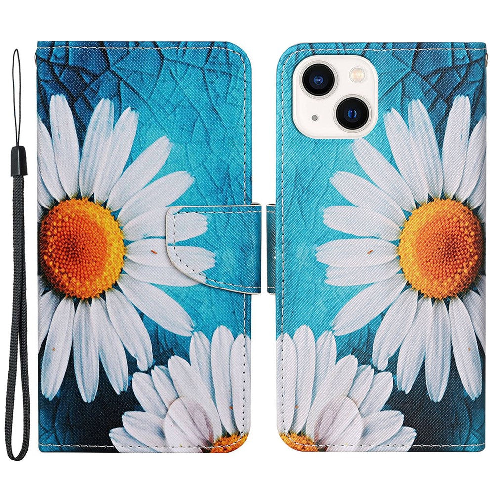For iPhone 15 Pattern Printing Wallet Case PU Leather Cross Texture Stand Phone Cover with Strap