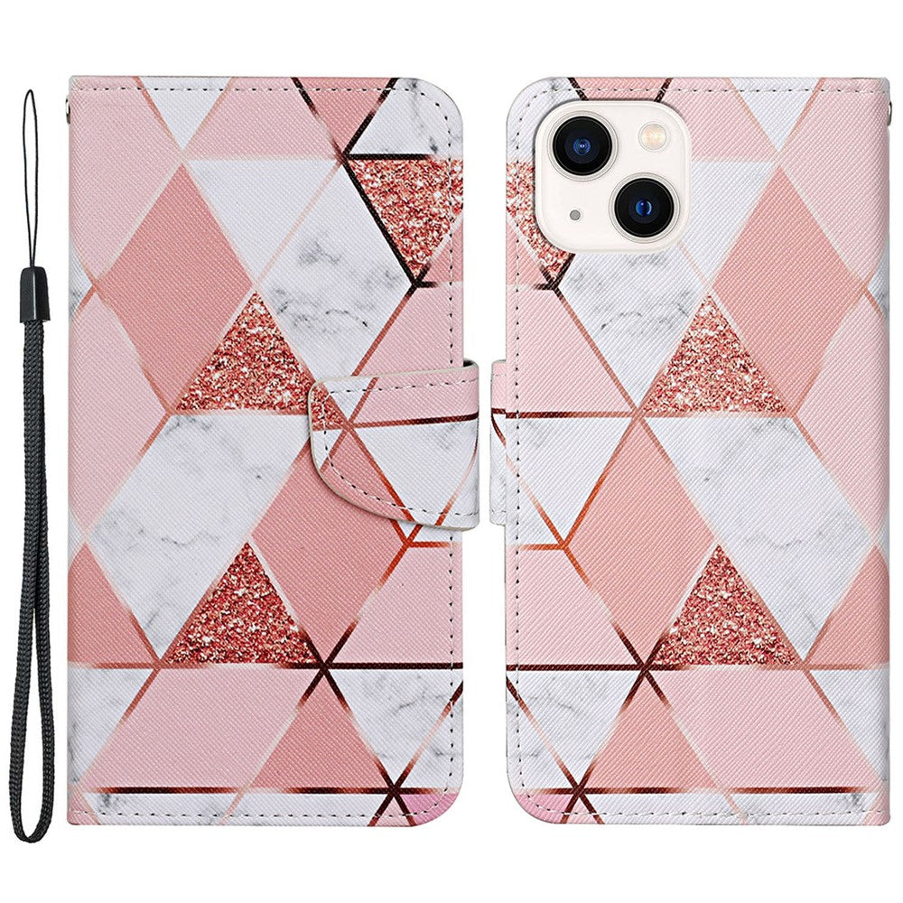 For iPhone 15 Pattern Printing Wallet Case PU Leather Cross Texture Stand Phone Cover with Strap
