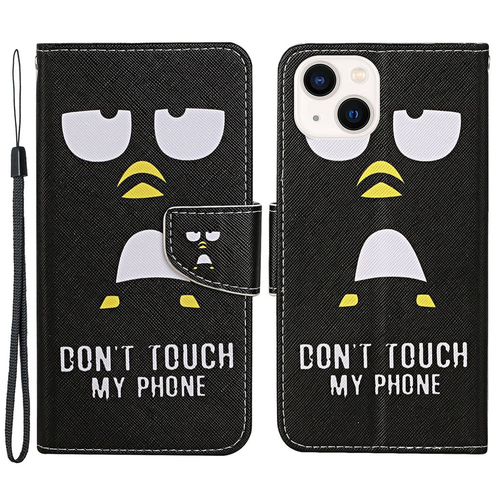 For iPhone 15 Pattern Printing Wallet Case PU Leather Cross Texture Stand Phone Cover with Strap