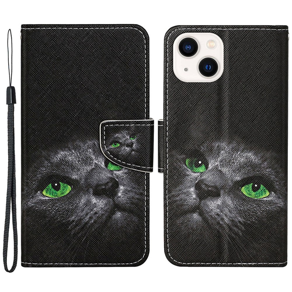 For iPhone 15 Pattern Printing Wallet Case PU Leather Cross Texture Stand Phone Cover with Strap