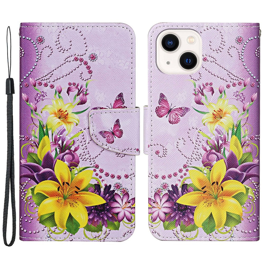 For iPhone 15 Pattern Printing Wallet Case PU Leather Cross Texture Stand Phone Cover with Strap