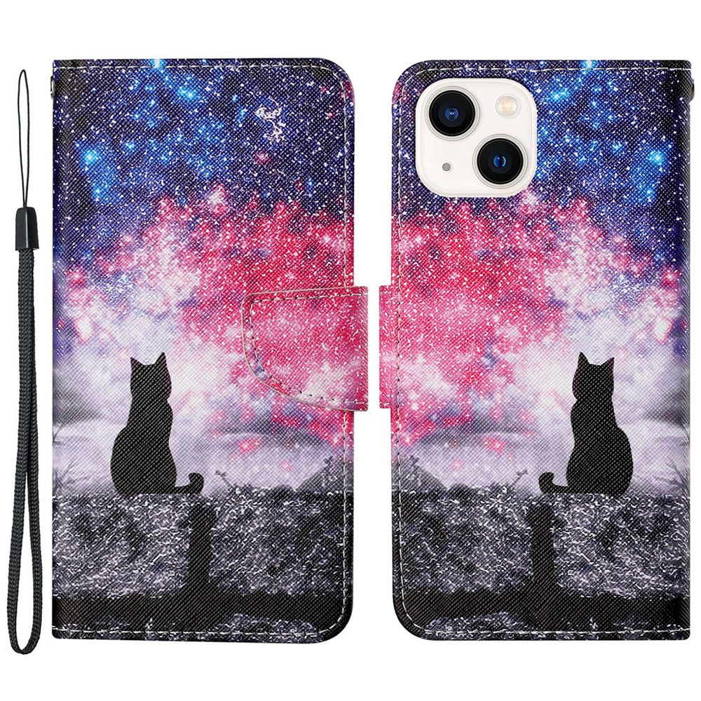 For iPhone 15 Pattern Printing Wallet Case PU Leather Cross Texture Stand Phone Cover with Strap