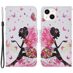 For iPhone 15 Pattern Printing Wallet Case PU Leather Cross Texture Stand Phone Cover with Strap