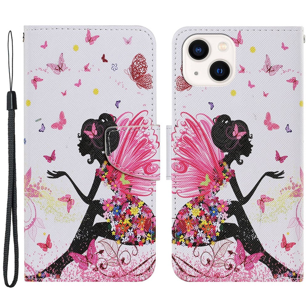 For iPhone 15 Pattern Printing Wallet Case PU Leather Cross Texture Stand Phone Cover with Strap