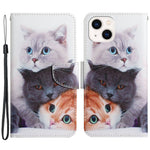 For iPhone 15 Pattern Printing Wallet Case PU Leather Cross Texture Stand Phone Cover with Strap