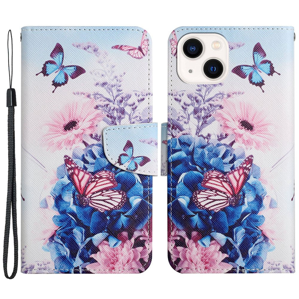 For iPhone 15 Pattern Printing Wallet Case PU Leather Cross Texture Stand Phone Cover with Strap