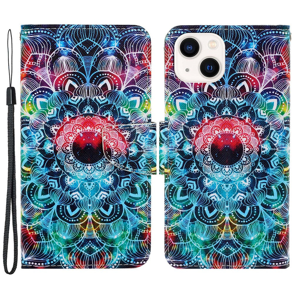 For iPhone 15 Pattern Printing Wallet Case PU Leather Cross Texture Stand Phone Cover with Strap
