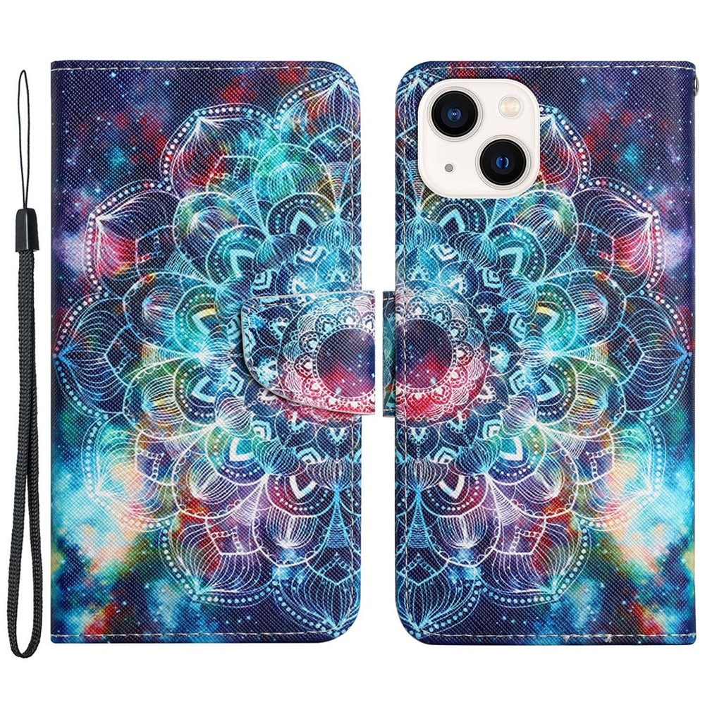 For iPhone 15 Pattern Printing Wallet Case PU Leather Cross Texture Stand Phone Cover with Strap