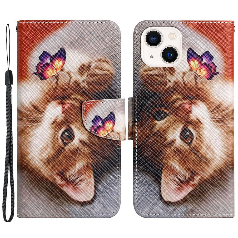 For iPhone 15 Pattern Printing Wallet Case PU Leather Cross Texture Stand Phone Cover with Strap