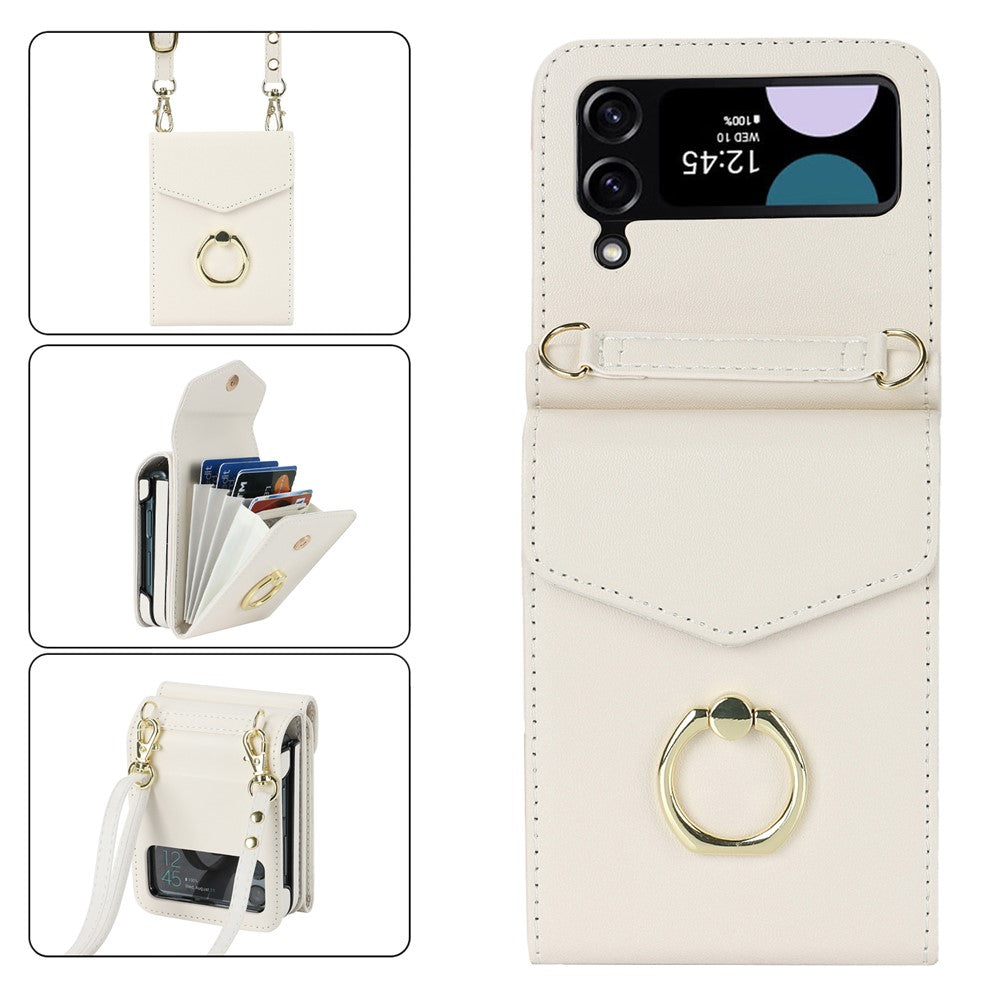 Til Samsung Galaxy Z Flip3 5G Ring Kickstand-etui RFID-blokerende, flere kortpladser, læder+PC-cover