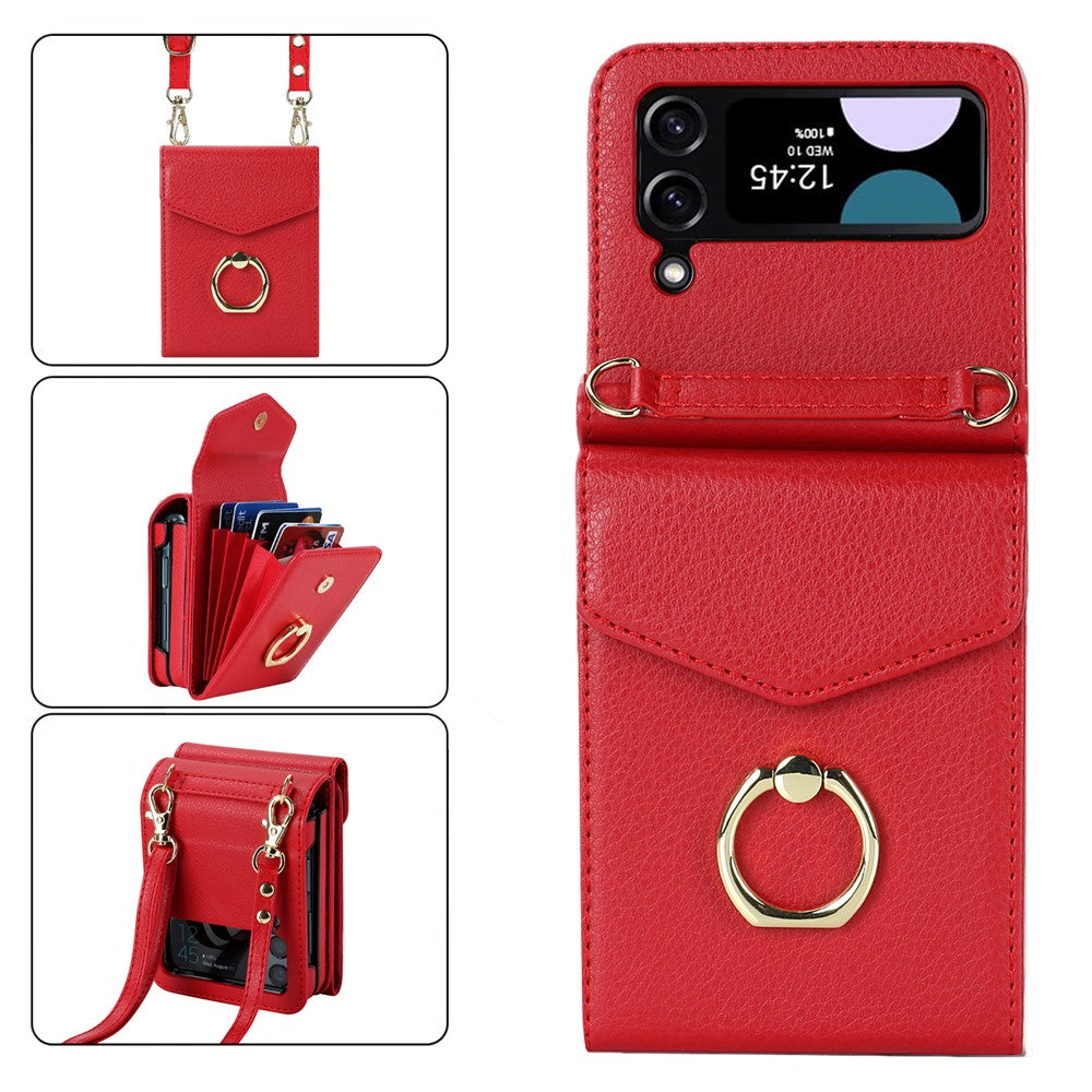Til Samsung Galaxy Z Flip3 5G Ring Kickstand-etui RFID-blokerende, flere kortpladser, læder+PC-cover