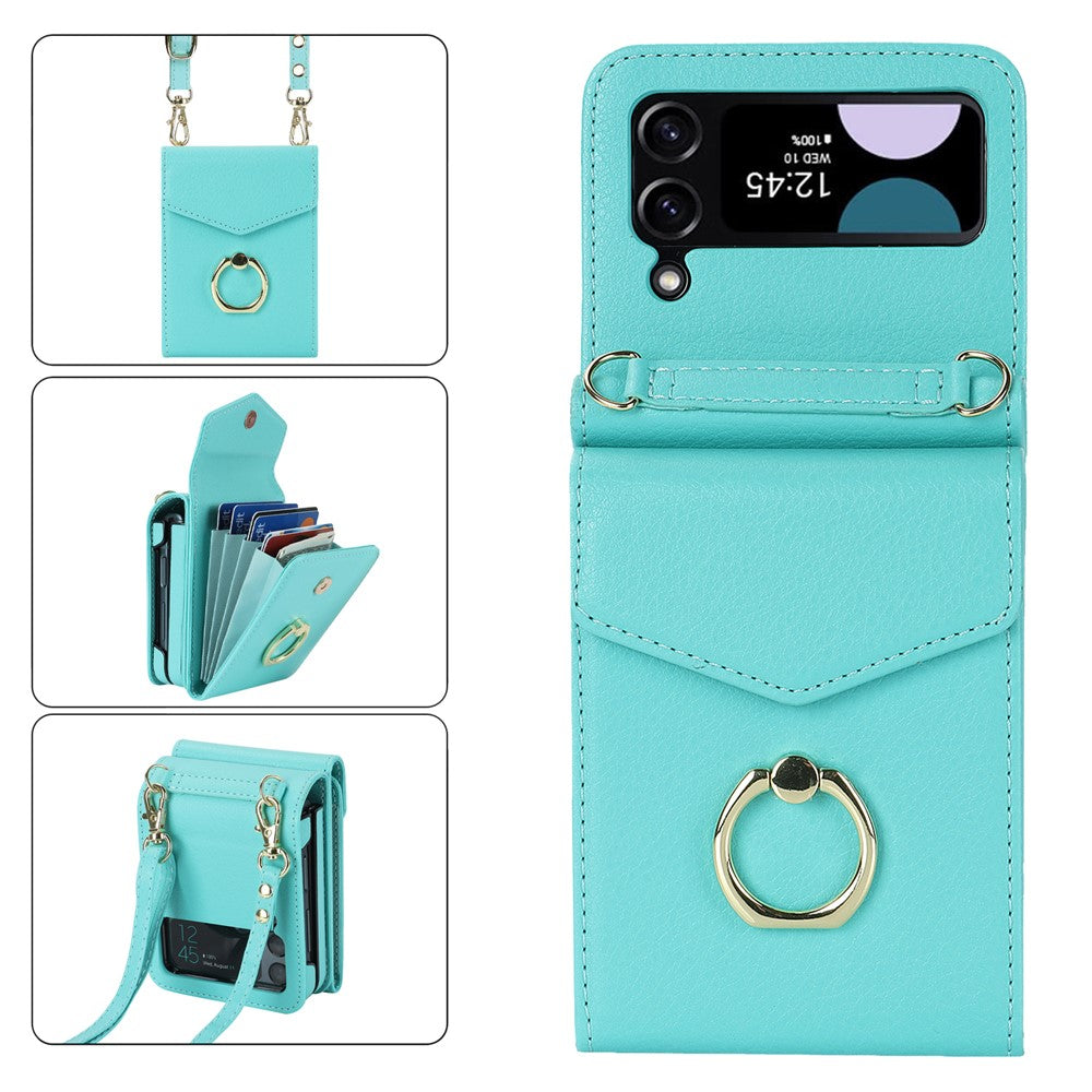 Til Samsung Galaxy Z Flip3 5G Ring Kickstand-etui RFID-blokerende, flere kortpladser, læder+PC-cover
