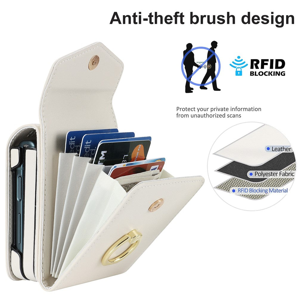For Samsung Galaxy Z Flip4 5G RFID Blocking Phone Case Multiple Card Slots Ring Kickstand Leather+PC Cover