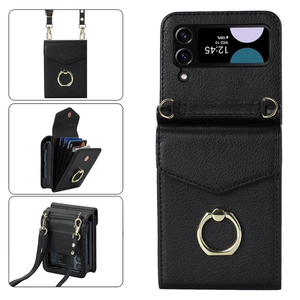 For Samsung Galaxy Z Flip4 5G RFID Blocking Phone Case Multiple Card Slots Ring Kickstand Leather+PC Cover