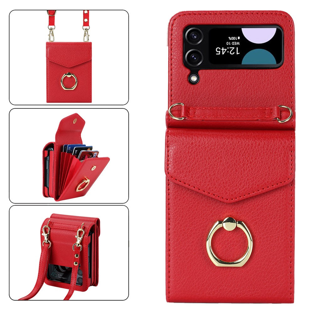 For Samsung Galaxy Z Flip4 5G RFID Blocking Phone Case Multiple Card Slots Ring Kickstand Leather+PC Cover