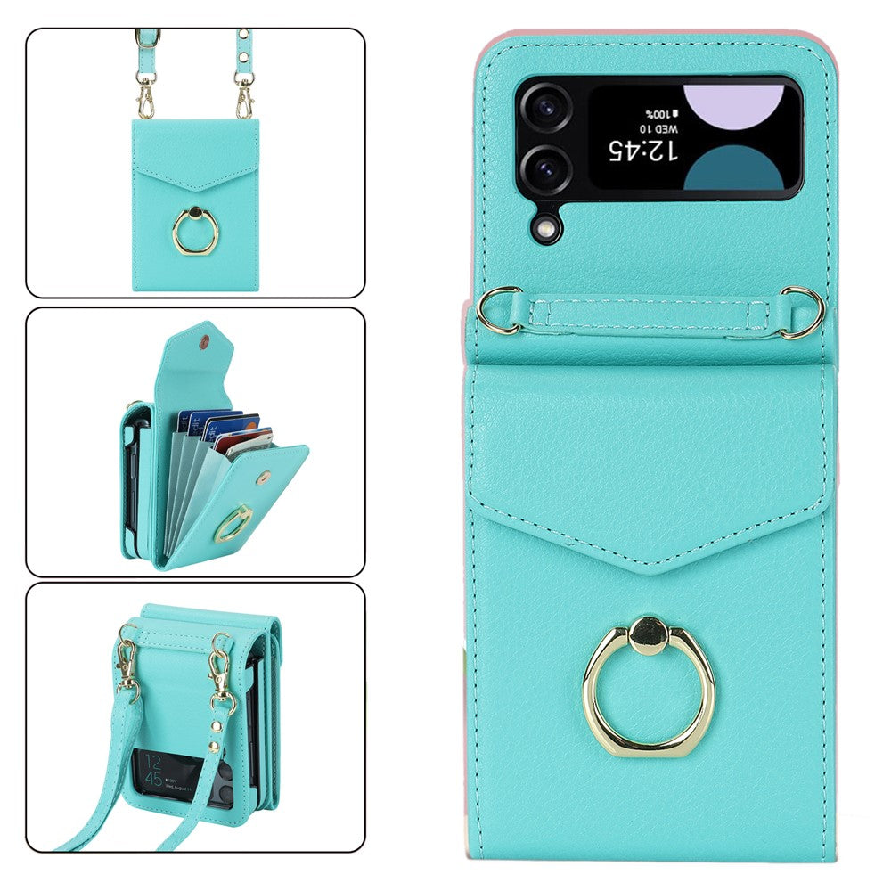 For Samsung Galaxy Z Flip4 5G RFID Blocking Phone Case Multiple Card Slots Ring Kickstand Leather+PC Cover
