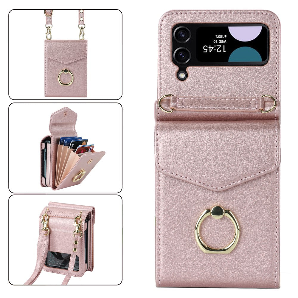 For Samsung Galaxy Z Flip4 5G RFID Blocking Phone Case Multiple Card Slots Ring Kickstand Leather+PC Cover