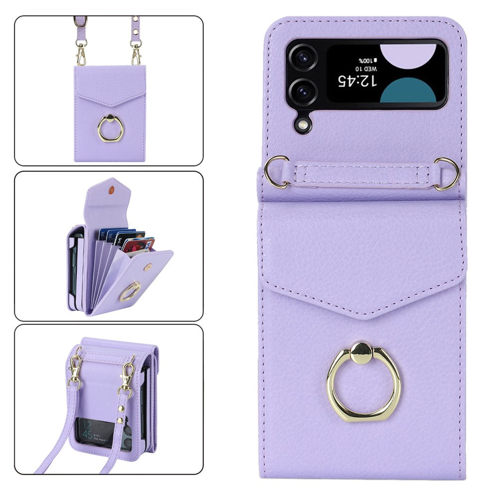 For Samsung Galaxy Z Flip4 5G RFID Blocking Phone Case Multiple Card Slots Ring Kickstand Leather+PC Cover