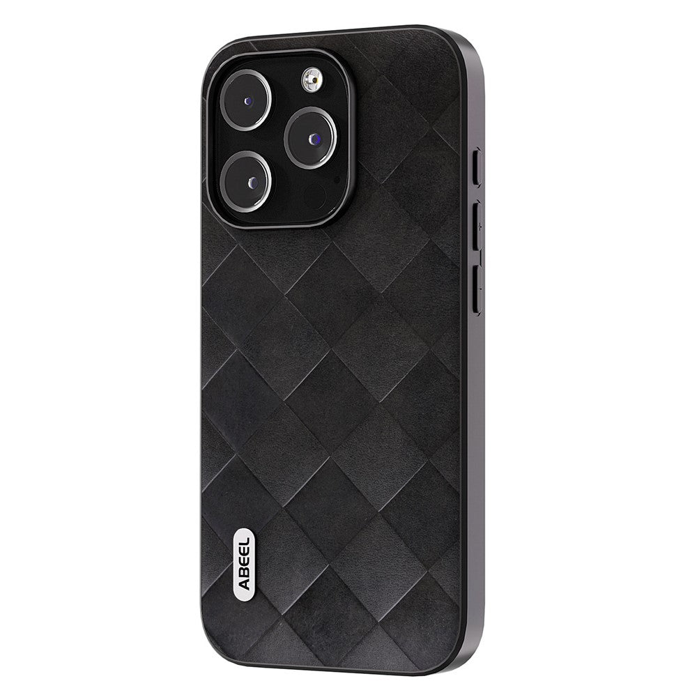 ABEEL For iPhone 15 Pro Max Scratch Proof PU Leather Coated PC+TPU Phone Case Grid Texture Cover