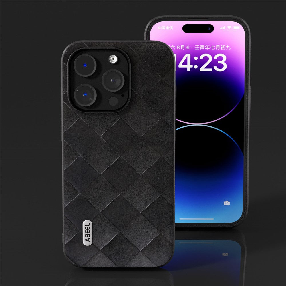 ABEEL For iPhone 15 Pro Max Scratch Proof PU Leather Coated PC+TPU Phone Case Grid Texture Cover