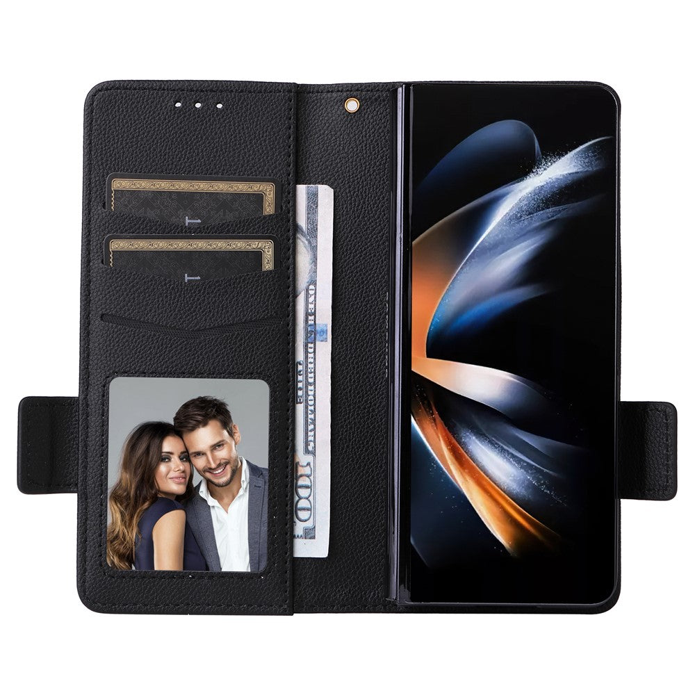 Wallet Phone Case for Samsung Galaxy Z Fold5 5G Litchi Texture TPU+Leather Flip Cover with Strap