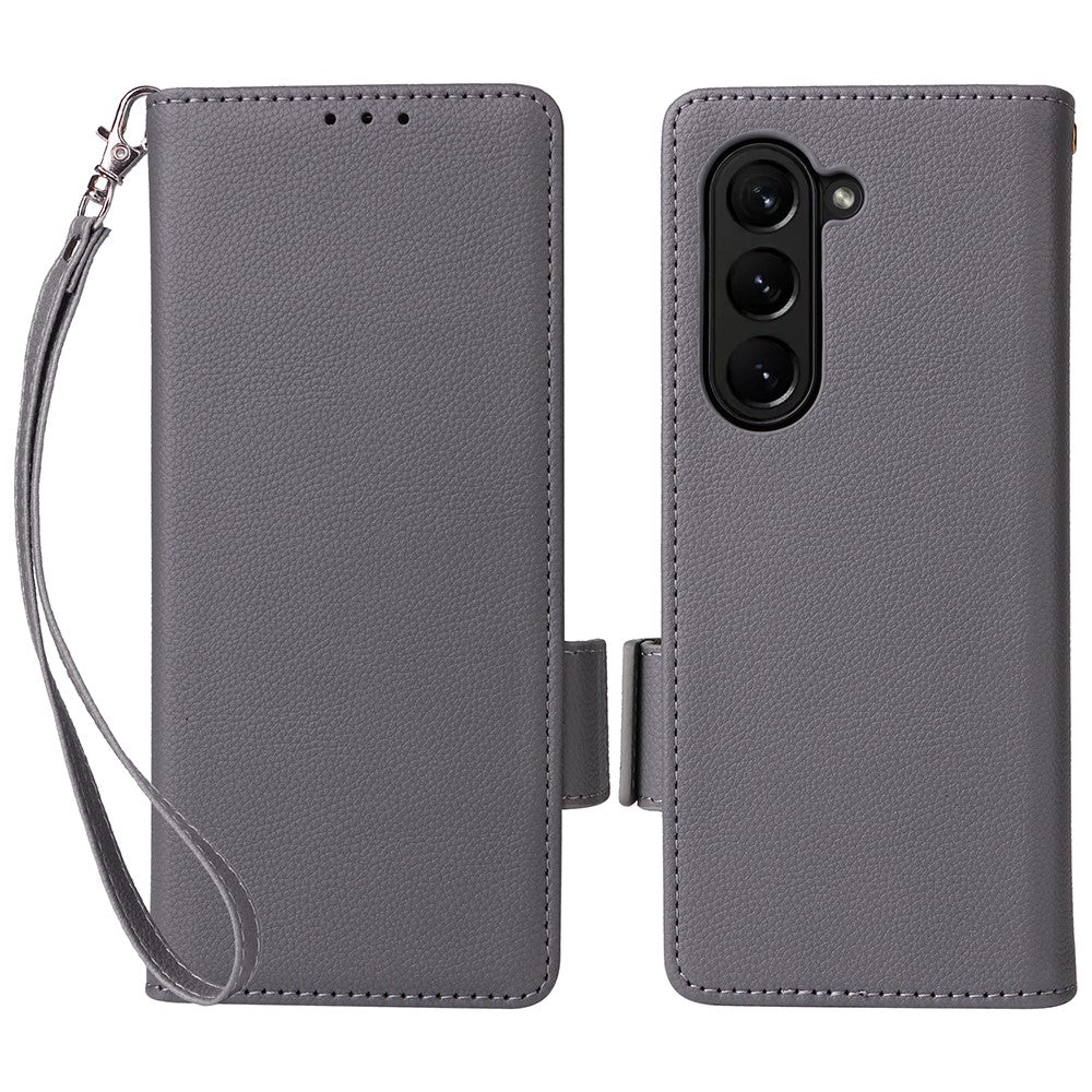 Wallet Phone Case for Samsung Galaxy Z Fold5 5G Litchi Texture TPU+Leather Flip Cover with Strap