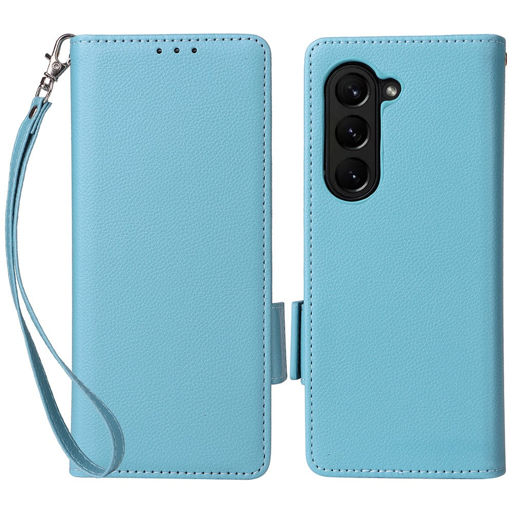 Wallet Phone Case for Samsung Galaxy Z Fold5 5G Litchi Texture TPU+Leather Flip Cover with Strap