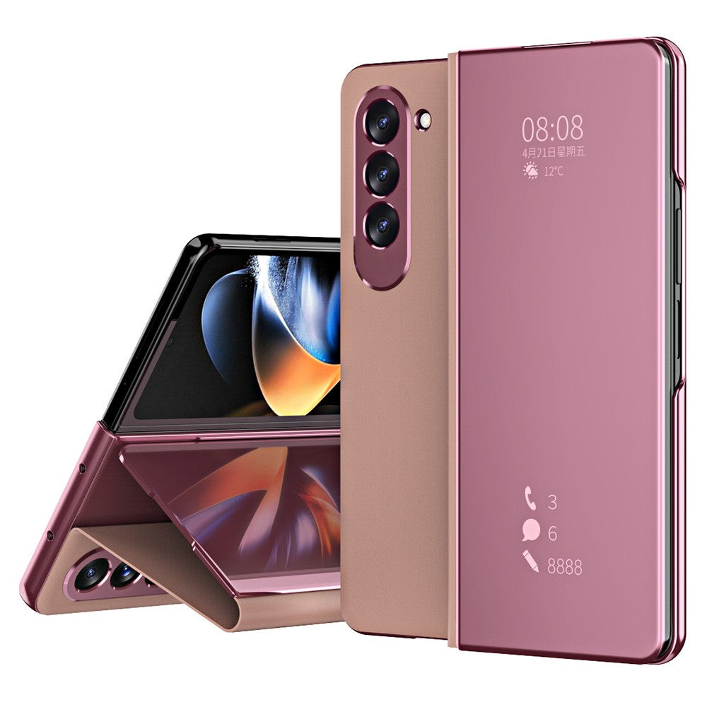 For Samsung Galaxy Z Fold5 5G Mirror Surface Phone Case PU Leather Stand Electroplating Cover