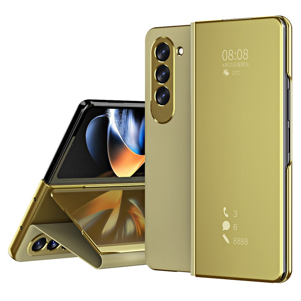 For Samsung Galaxy Z Fold5 5G Mirror Surface Phone Case PU Leather Stand Electroplating Cover