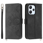 Phone Case for Xiaomi Redmi 12 4G , Imprinted Flower Stand Wallet Leather Cover with Wrist Strap + Shoulder Strap