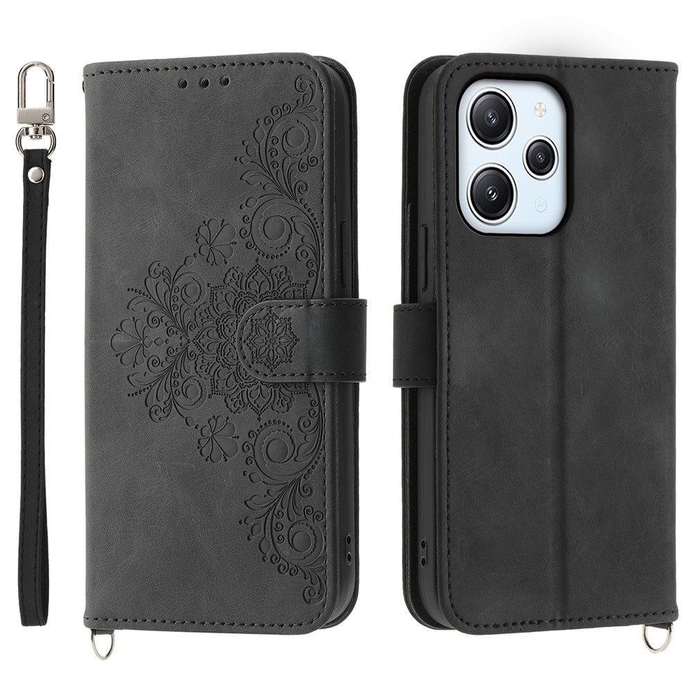 Phone Case for Xiaomi Redmi 12 4G , Imprinted Flower Stand Wallet Leather Cover with Wrist Strap + Shoulder Strap