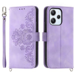 Phone Case for Xiaomi Redmi 12 4G , Imprinted Flower Stand Wallet Leather Cover with Wrist Strap + Shoulder Strap
